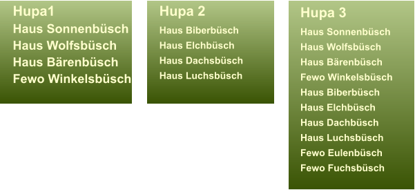 Hupa1 Haus SonnenbüschHaus WolfsbüschHaus BärenbüschFewo Winkelsbüsch  Hupa 3 Haus SonnenbüschHaus WolfsbüschHaus BärenbüschFewo Winkelsbüsch Haus Biberbüsch Haus Elchbüsch Haus Dachbüsch Haus LuchsbüschFewo EulenbüschFewo Fuchsbüsch Hupa 2 Haus BiberbüschHaus ElchbüschHaus DachsbüschHaus Luchsbüsch